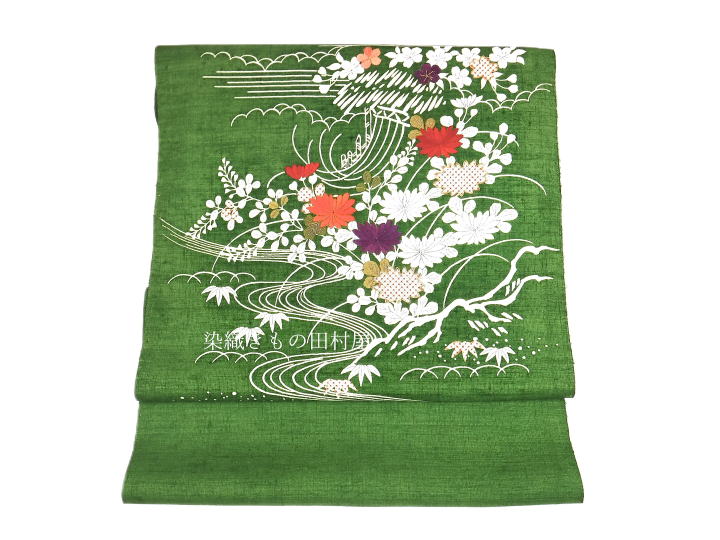 京刺繍染め九寸帯「御所解き」紬地　田村屋